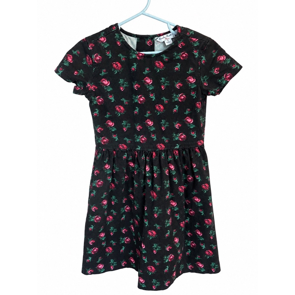 Brooks Brothers Fleece Girls Black Red Rose Floral Short Sleeve Dress Size 5